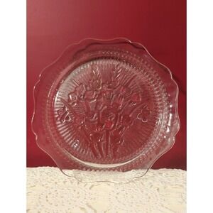 Iris & Herringbone Clear 9" Vtg. Dinner Plate Depression Glass Yellow Inclusion